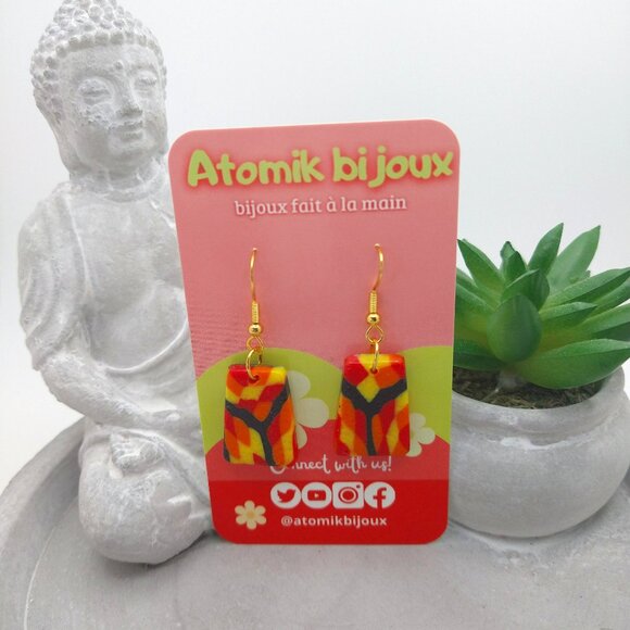 Handmade black, yellow, red and orange polymer clay earrings. Boucles d'oreilles - Picture 6 of 6